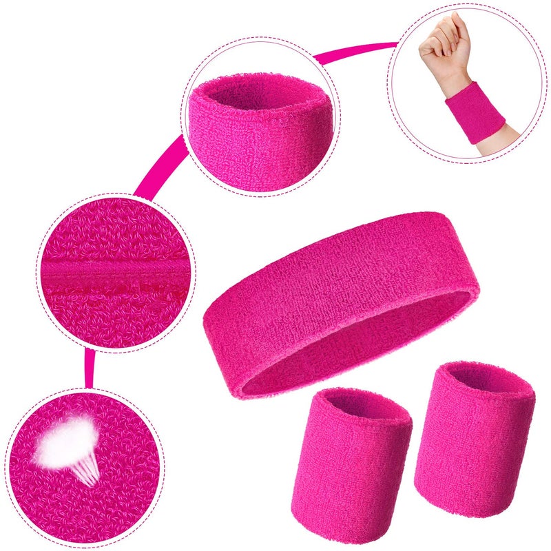 Bememo 6 Pcs Neon Sports Sweatbands Set Paris Sports Competitions Sweatbands 2 Headband 4 Wristbands Breathable Terry Cloth Athletic Bands for Basketball Tennis Costumes Cosplay(Hot Pink) - Image 5